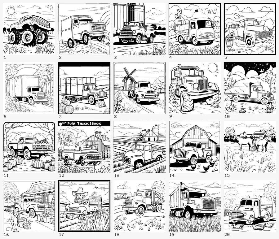 Contact sheet of black and white truck coloring pages