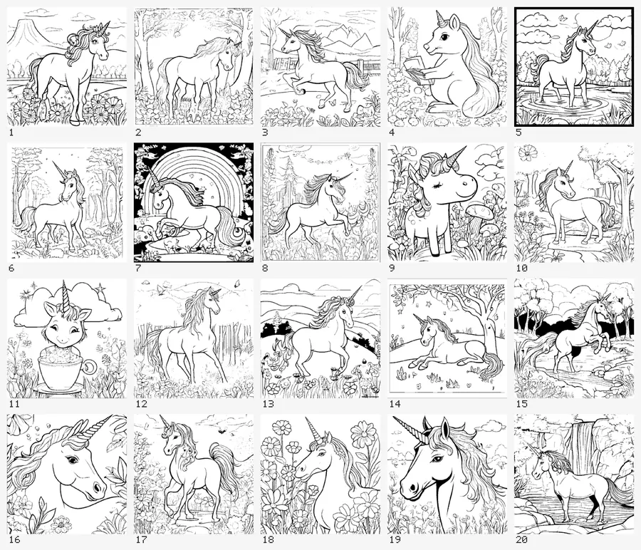 Contact sheet of black and white unicorn coloring pages