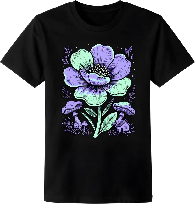 Black t-shirt with a moonlit flower design