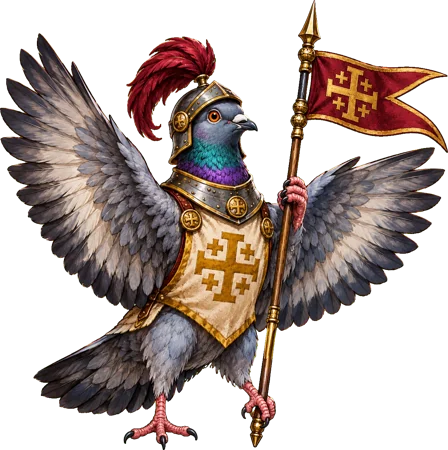 Painted Wingman carrier pigeon in armour holding a red pennant